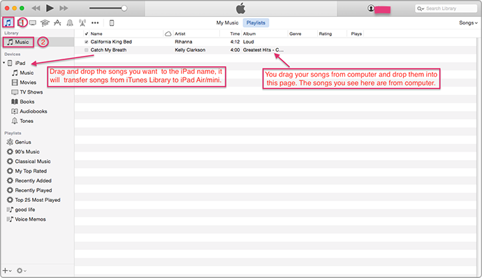 Перетащите музыку с компьютера в iTunes (после переноса музыки с компьютера в iTunes вы увидите музыку, импортированную в «Плейлист» или «Моя музыка»)> Перетащите каждую понравившуюся песню из списка воспроизведения на имя iPad (в левая панель под устройствами)